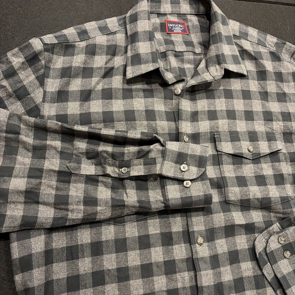 UNTUCKIT Mens Check Plaid Flannel Grey Sz Xl Tall Button Shirt Wrinkle Free